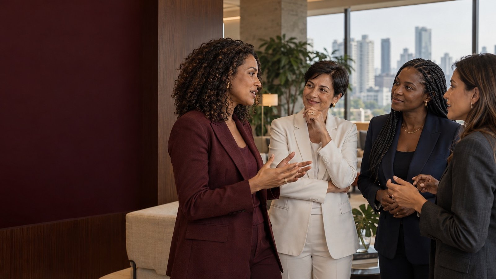 Cuatro mujeres de negocios comparten una conversación.