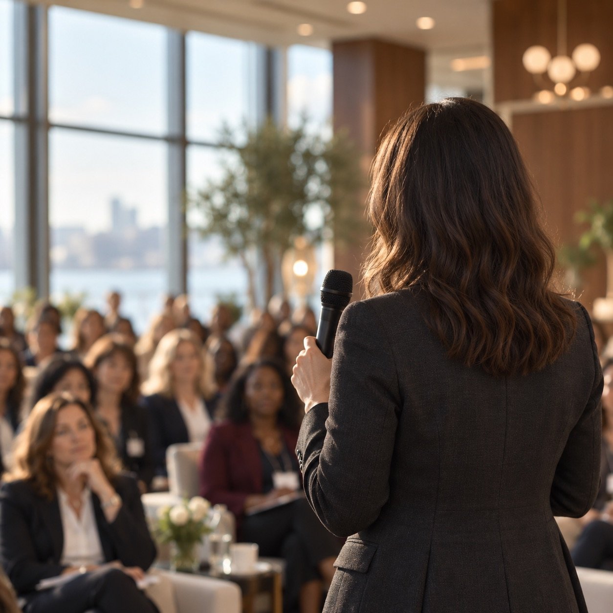 Audiencia de mujeres de negocios durante una presentación, con la ponente en primer plano.