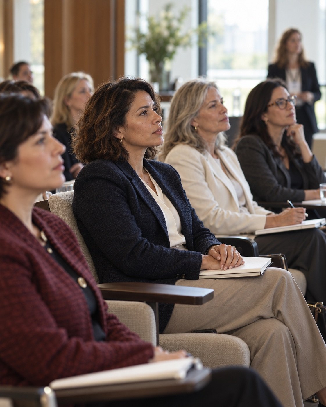 Mujeres de negocios escuchan una presentación y toman notas.