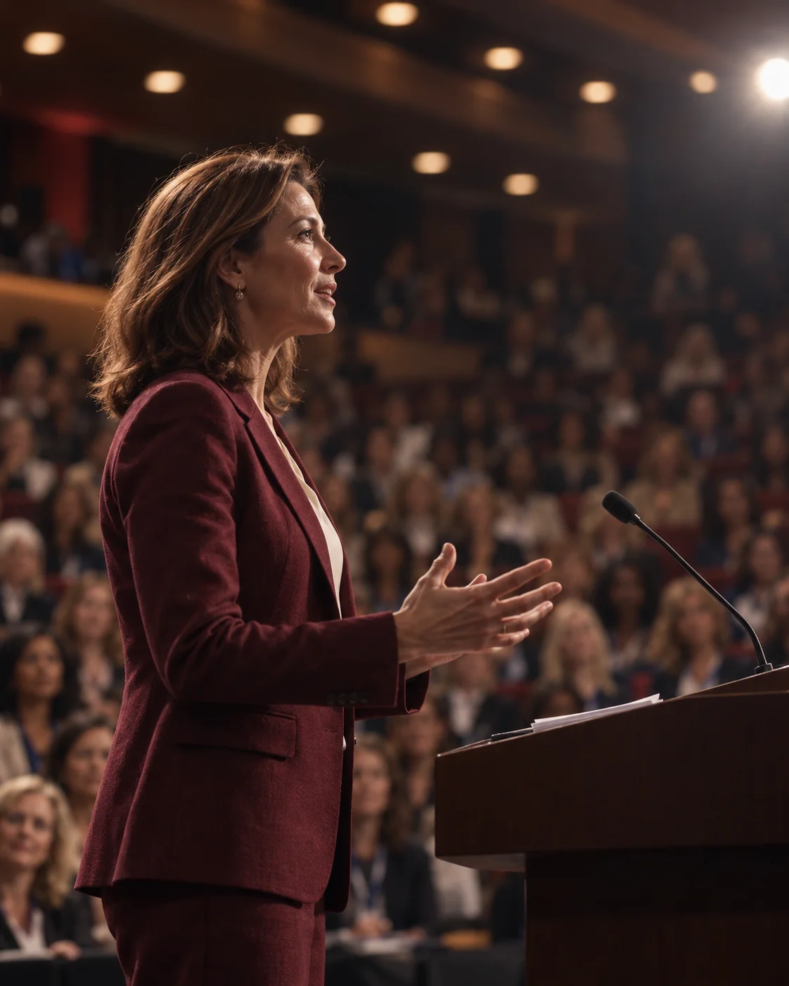 A woman at a lectern speaking to a conference audience