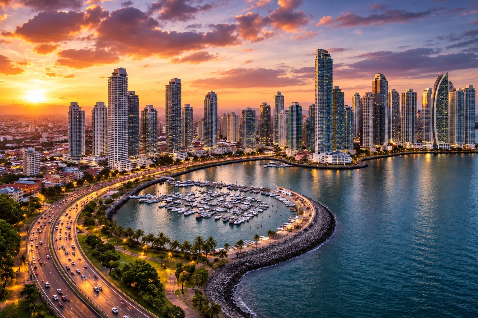 Vista panorámica de la Ciudad de Panamá y su bahía al atardecer.