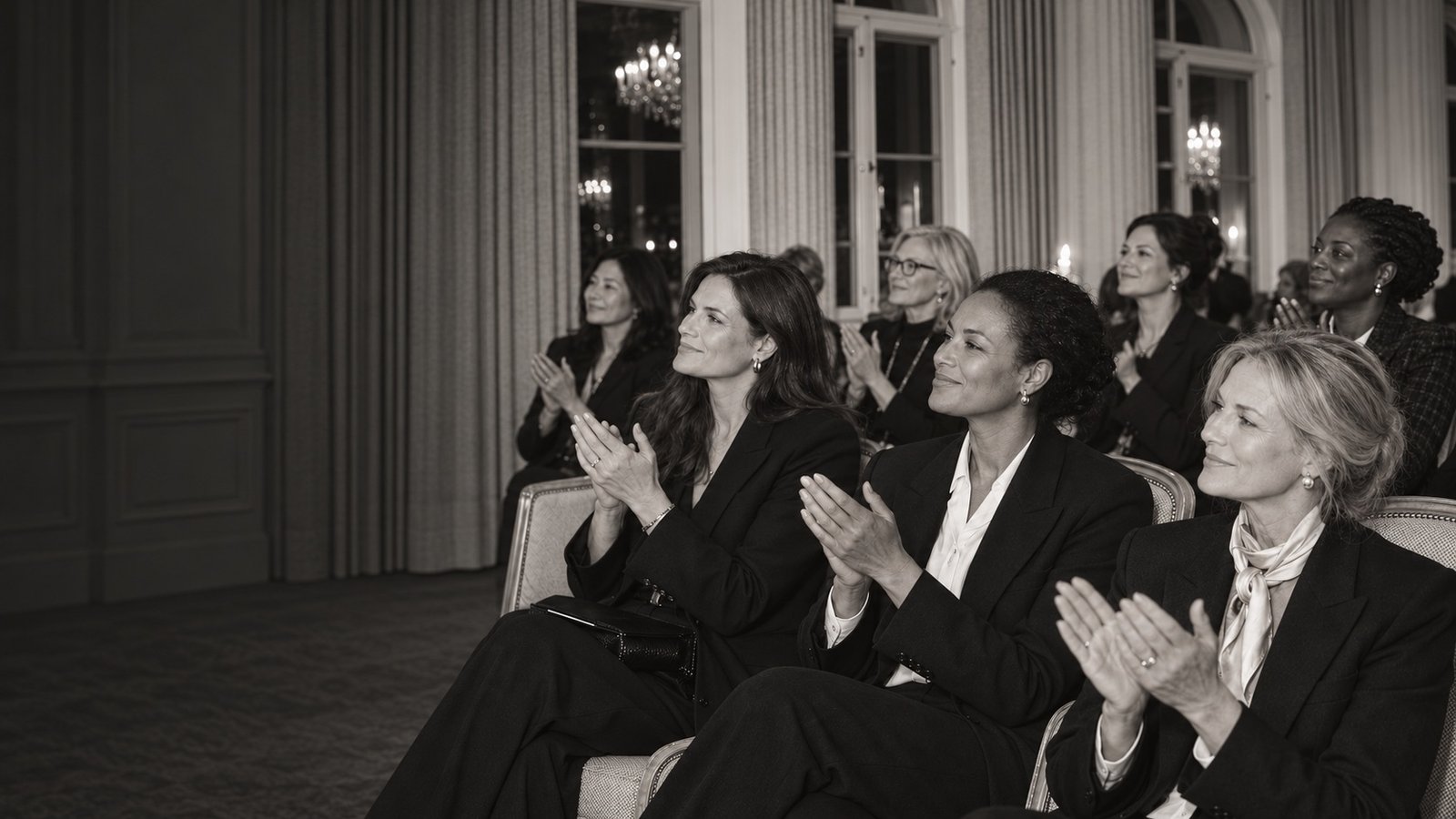 Mujeres de negocios aplaudiendo durante un encuentro HER, en blanco y negro.